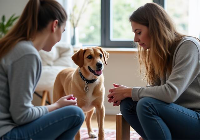 Trainer observing and guiding pet in household environment