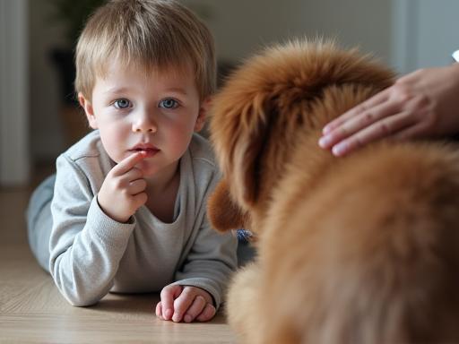 Child and dog comfortably supervised together with guidance