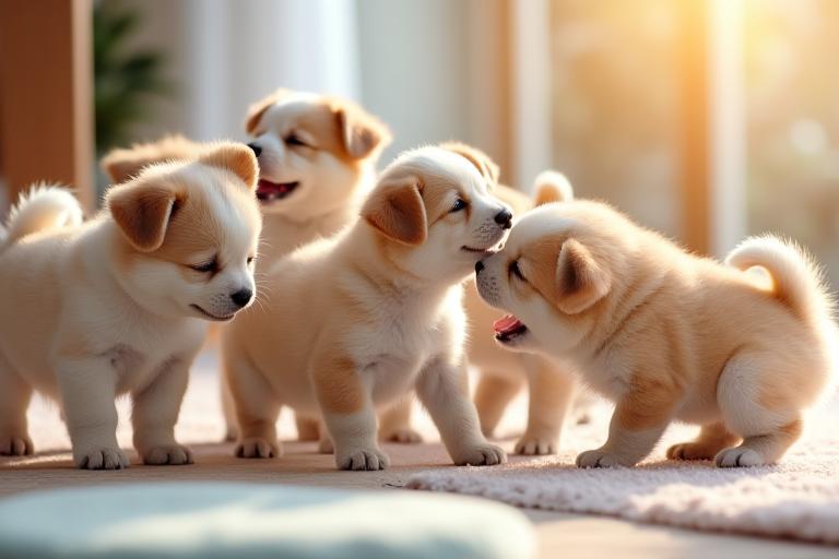 Group of puppies socialising together in supervised playtime