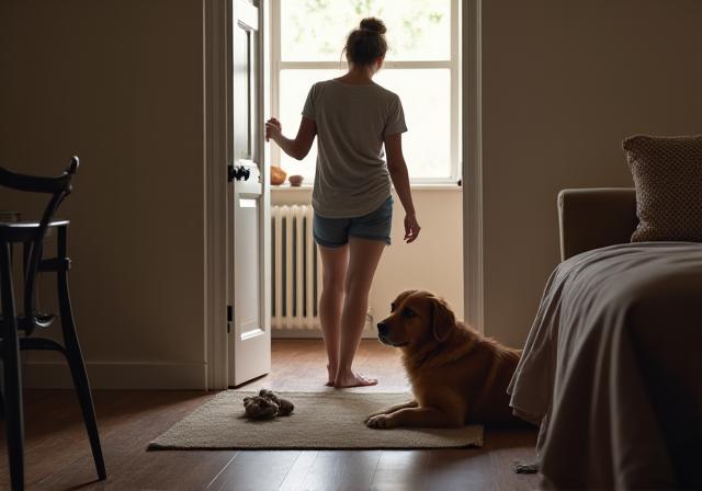 Dog owner preparing to leave home with a relaxed pet