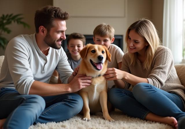 Happy family with a well-trained dog in a relaxed home environment